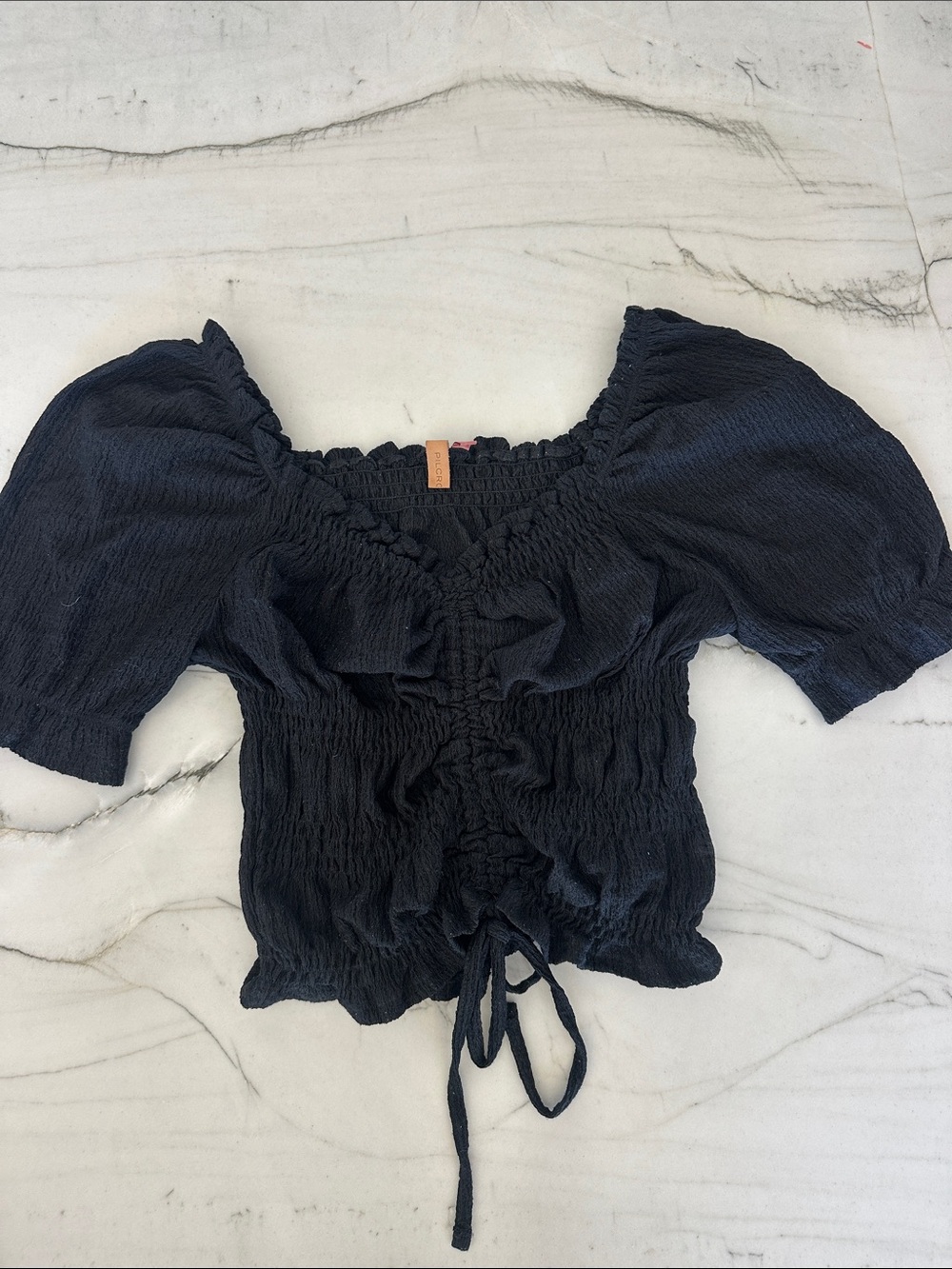 Pilcro Black Smocked Puff-Sleeve Cropped Top